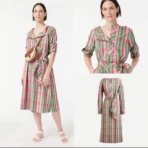J. Crew Stretch Cotton Poplin Shirtdress Long Sleeve Midi Plaid Pink Green 16